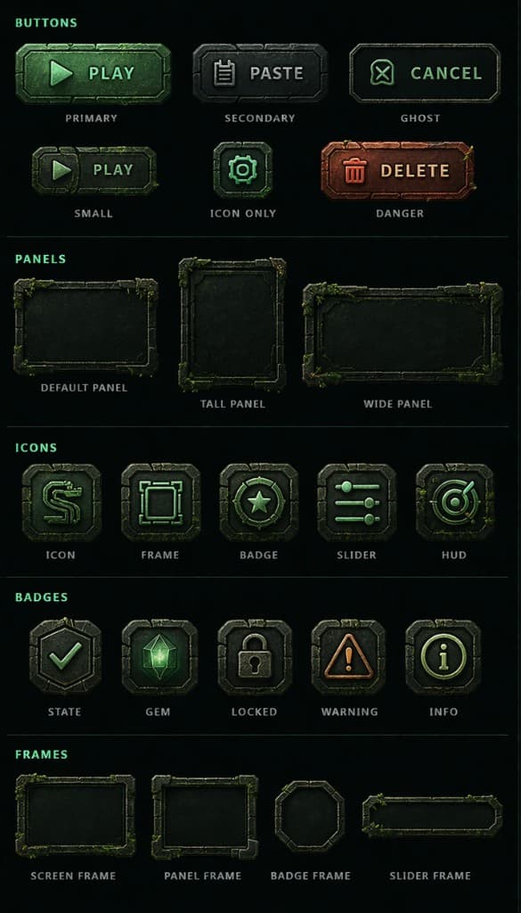 Stone UI kit: buttons, panels, icons, badges, and frames for Compose workspace.